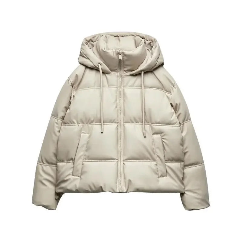 Winter Women Faux Leather Puffer Jacket 2024 Warm PU Snow Hooded Parka Female Casual Loose Coat Zipper Long Sleeve Overcoat